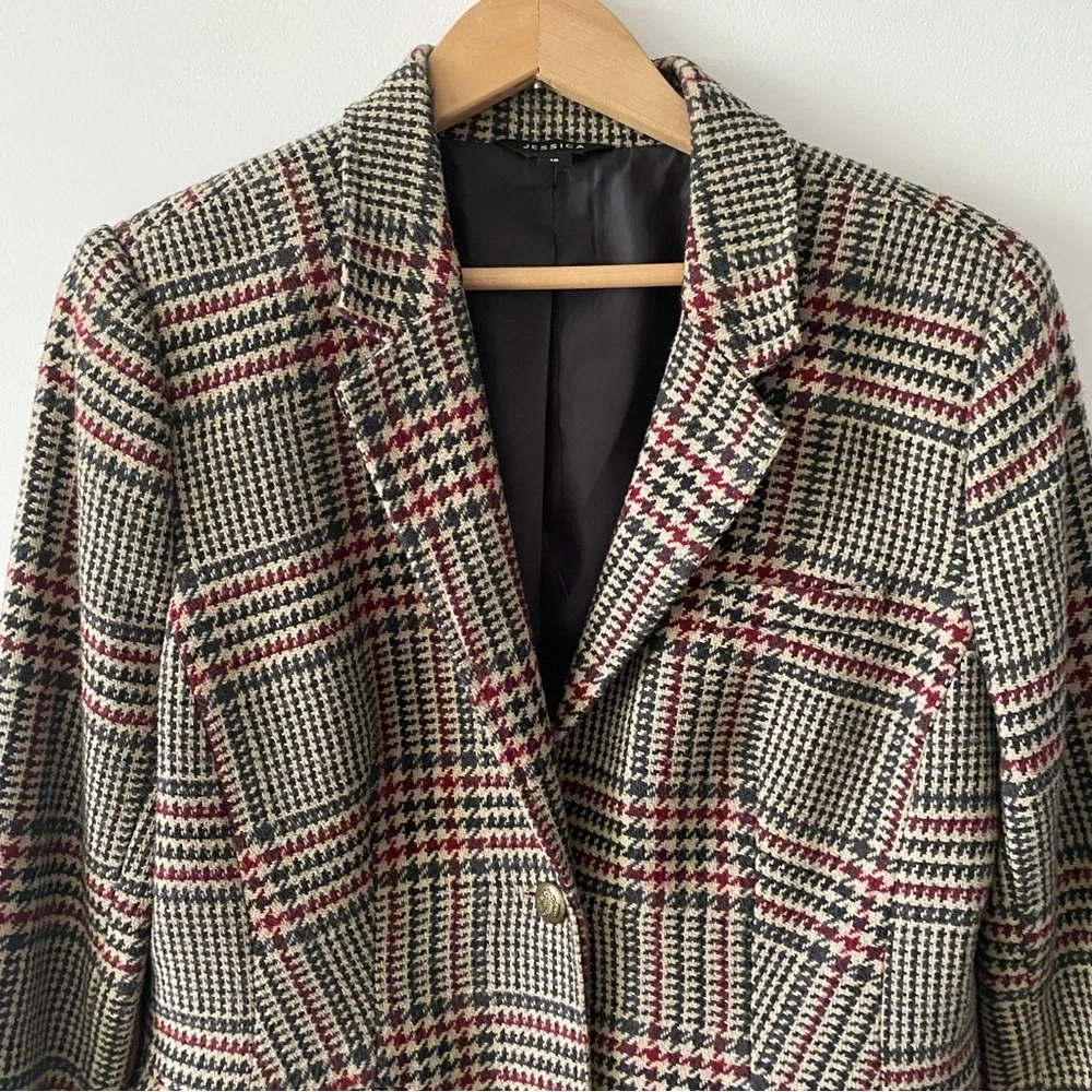 Jessica beige and dark grey plaid tailored wool blazer jacket size 10 womens - Picture 2 of 14